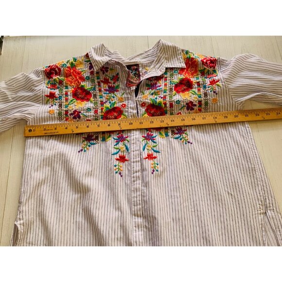 Johnny Was Small Cotton Striped WITH EMBROIDERED FLOWERS Tunic Tops - Picture 8 of 11